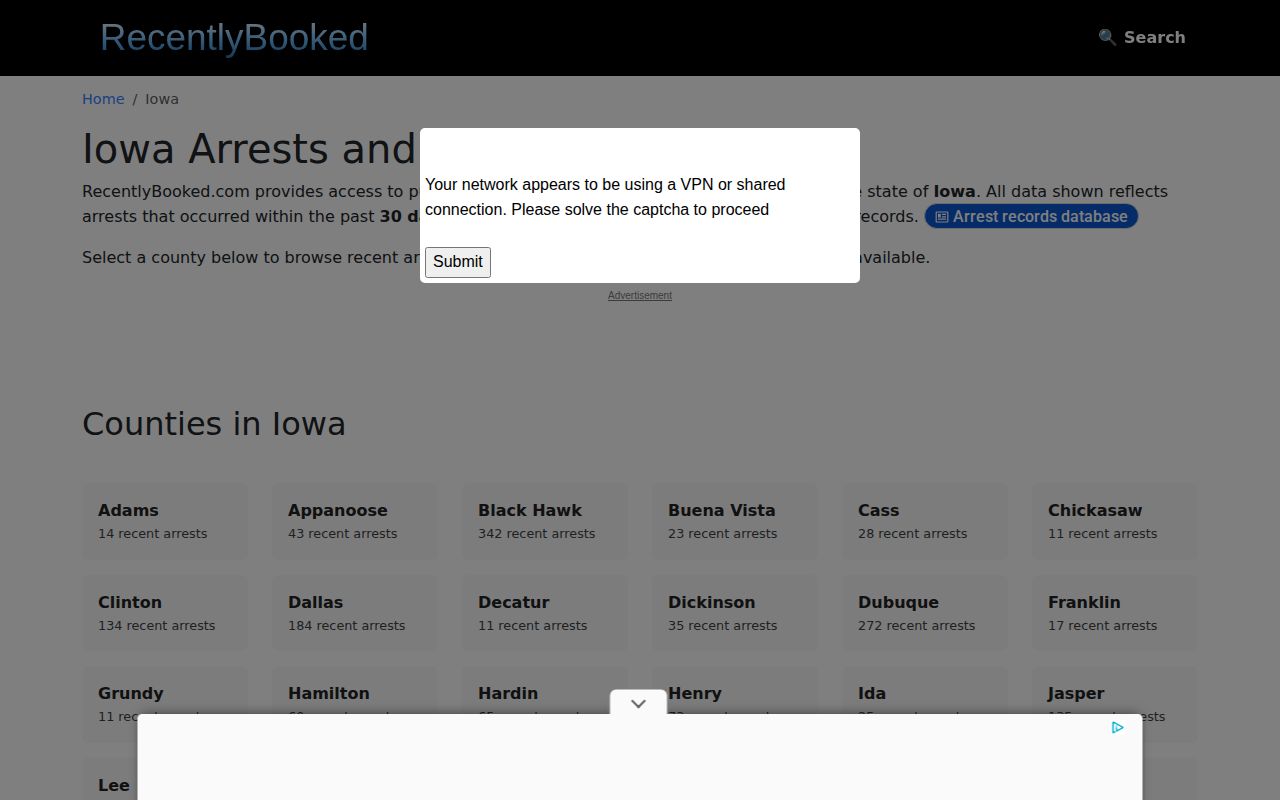 Recently Booked Iowa index without a Butler County arrest category