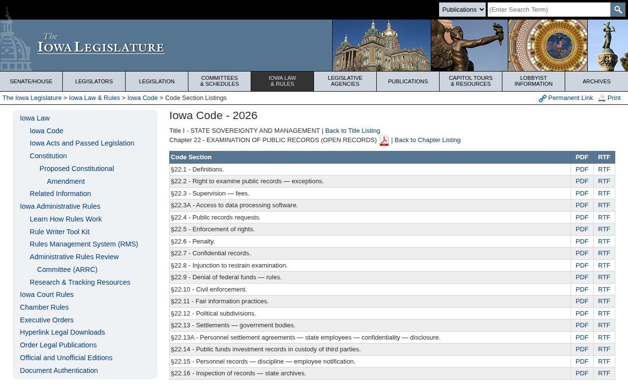 Iowa Code chapter 22 public records page